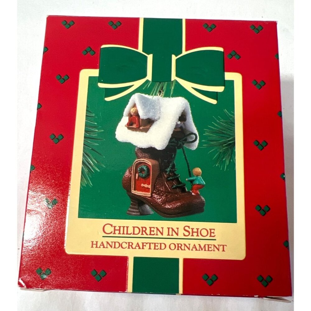 Hallmark Handcrafted "Children In Shoe" Ornament With Glittery Roof & Playful De